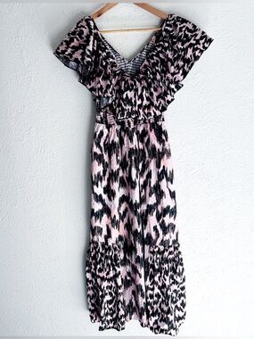 Maria Cher Dabir Maxi Dress Pink Black Print XS Ruffle Maxi Boho Dress